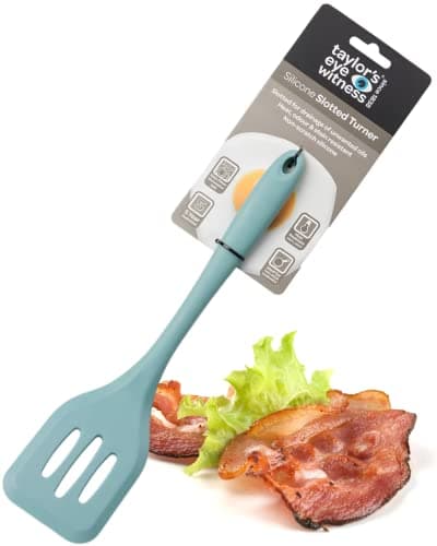 Image of Taylors Eye Witness Large Aqua Blue Silicone Slotted Spatula – Dishwasher Safe, Heat Resistant (260°C/500°F), Ideal for Non-Stick Pans, 28cm/11 inch