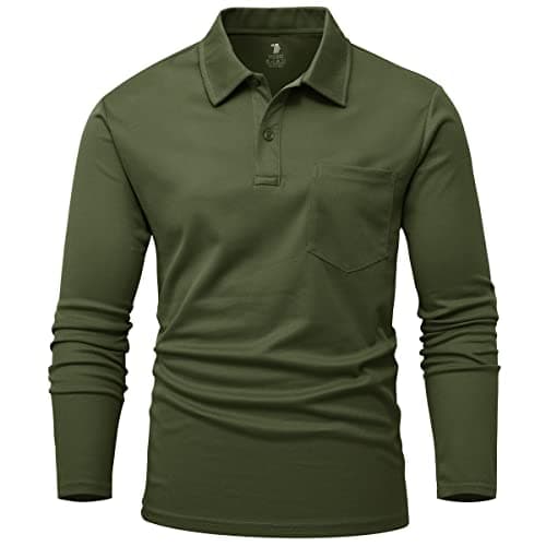 Image of Rdruko Polo Shirt Long Sleeve Men Breathable Golf Top Smart Casual Wicking Quick Dry Polyester Work T Shirts with Pocket Army Green M