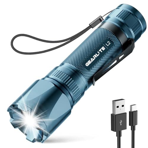 Image of GEARLITE LED Torch Rechargeable, 3500LM Torches LED Super Bright with Clip Adjustable Focus, 3 Lighting Modes Waterproof Small Torch for Power Cuts, Emergency, Camping, Hiking, Outdoor(Blue)