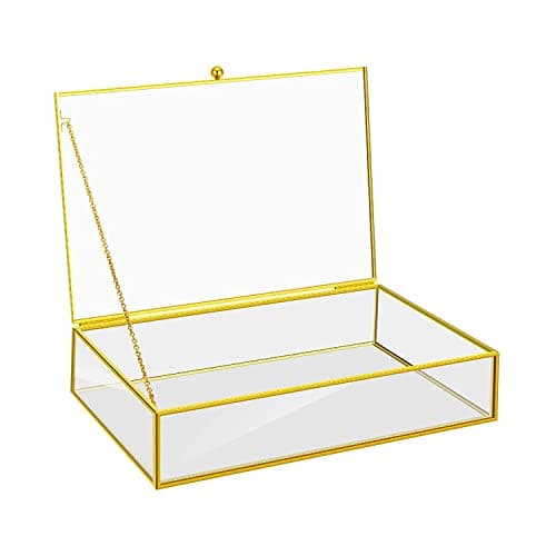 Image of DRERIO Glass Jewelry Box - Large Decorative Display Case for Trinkets, Earrings, Rings, Necklaces, Bracelets - Clear Rectangular Golden Organizer