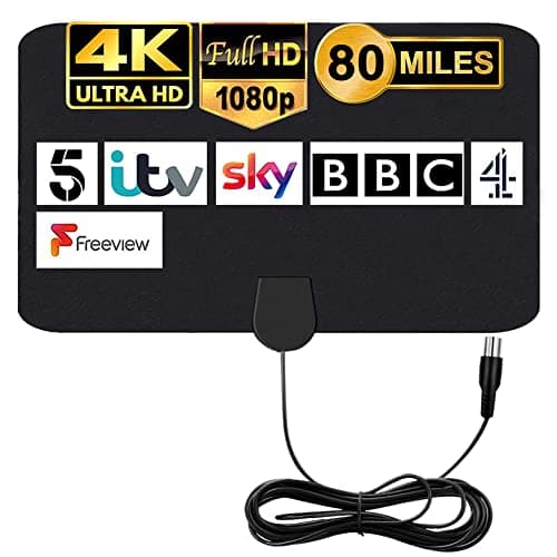 Image of MILIWAN TV Aerial Indoor TV Aerial - 80 Miles Digital HDTV Antenna Freeview Antenna VHF UHF 4K 1080P for Local Channels Support ALL Television – 12.2 FT Coax Cable