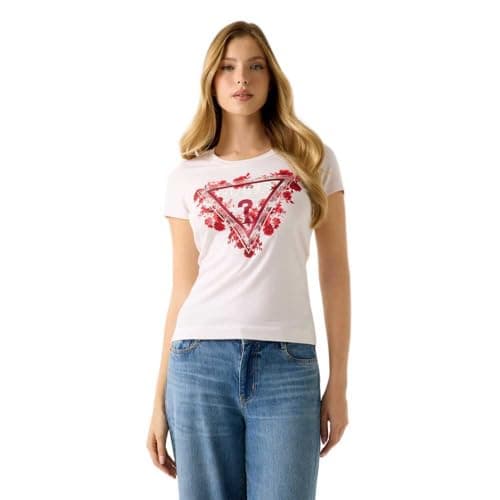 Image of GUESS Flowers Triangle Short Sleeve T-Shirt 2XL White