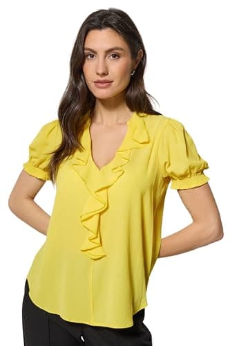 Image of M&Co Frill Front Short Sleeve Blouse - Women's Yellow