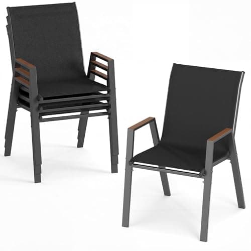 Image of TANGZON Garden Dining Chairs Set of 2/4, Metal Frame Outdoor Stackable Armchairs with Backrests & Wood-Plastic Armrests, Breathable Patio Dining Chairs for Balcony Poolside Backyard (4, Black)