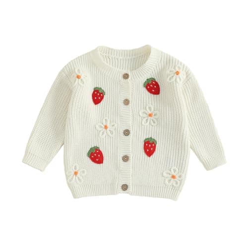 Image of Baby Girl Cardigan Sweater Strawberry Floral Embroidery Chunky Knitted Jacket Coat Button Down Long Sleeve Cable Knit-Wear Toddler Fall Winter Clothes Warm Outwear (White, 3-4 Years)