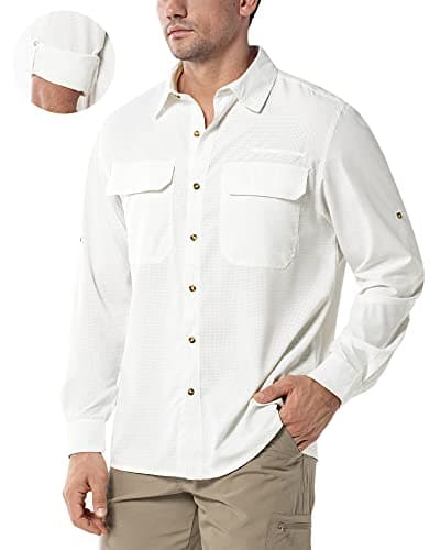 Image of 33,000ft Men's Long Sleeve Shirts UV Protection Safari Button-Down Shirt Breathable Wicking Quick Drying Outdoor Top with Pockets for Hiking Fishing Golfing,White 3XL