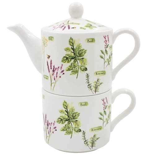 Image of The Leonardo Collection Herb Garden Tea for One by Jennifer Rose Gallery | Porcelain Teapot and Cup Set with Herb Garden Illustration | Elegant Tea Set | Farmhouse Style | Gift for Garden and Tea Love