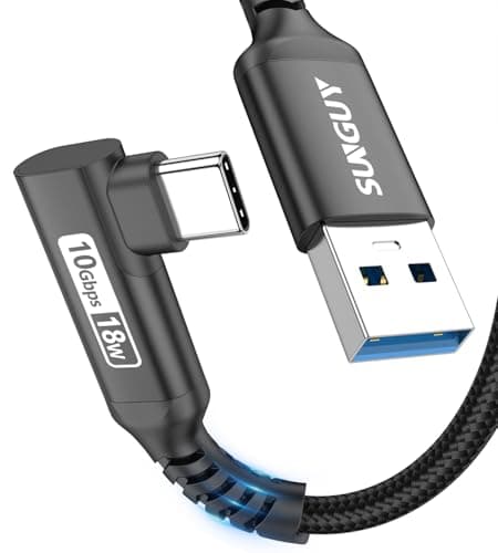 Image of SUNGUY Android Auto USB C Cable, 1m/3FT Right Angle 3A Fast Charge & 10Gbps Data Sync Type C Cord for iPhone 17 16 15 Pro Max, Galaxy S24 S23 Ultra/Note 20, Samsung T7, SSD - Black