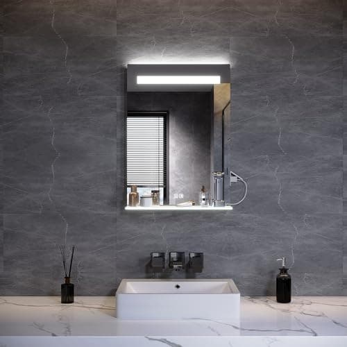 Image of ELEGANT Bathroom Mirror with Shaver Socket 500x700mm, Illuminated Backlit LED Bathroom Mirror with Adjustable Shelf, 3 Colors Dimmable, Demister Pad, Touch Switch & Memory Function, IP44