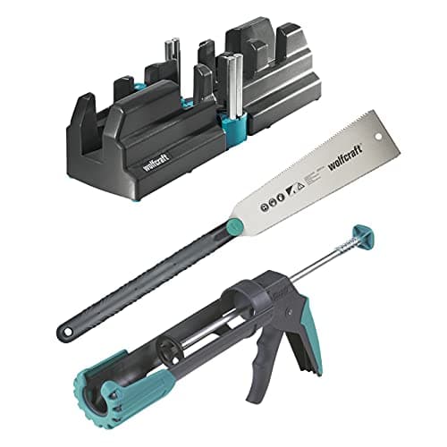 Image of wolfcraft “Attaching Skirting Boards” Success Kit I 6977000 I Complete Set consisting of Bevel and mitre Box, Japanese Saw and MG 200 caulking Gun