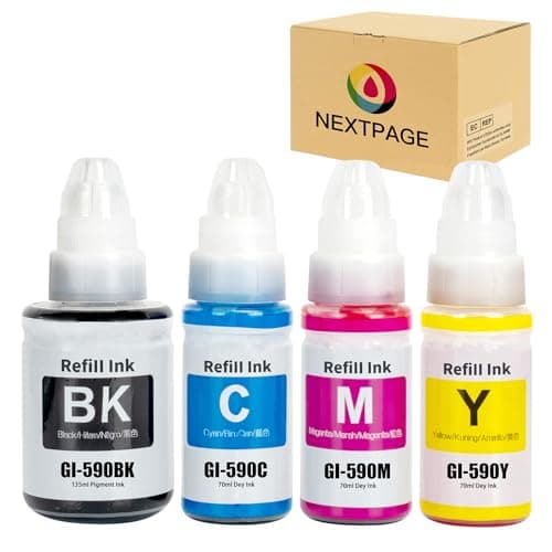Image of NEXTPAGE GI590 GI-590 Ink Compatible with Canon Pixma GI 590 Ink Bottle for Pixma G1500 G1501 G1510 G2500 G2501 G2510 G3500 G3501 G3510 G4500 G4510 G4511 Printer Black Cyan Magenta Yellow (4 Pack)