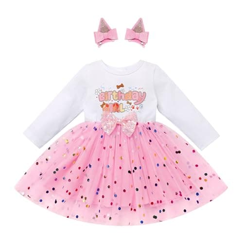 Image of FYMNSI Birthday Girl Dress for 1st 2nd 3rd 4th 5th Baby Toddler Kids One Two Three Four Five Years Old Party Long Sleeve Tulle Tutu Princess Dresses Cake Smash Photo Shoot Fall Pink 2-3 Years