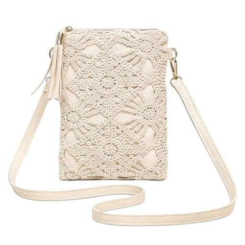 Image of BSITSSS Crossbody Bag for Women Girls, White Leather Cut-Out Flowers Bohemian Handbag with Adjustable Strap, Crochet Flowers Satchel Shoulder Phone Bag with Zipper