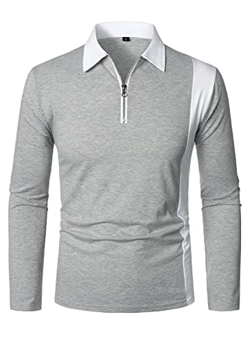 Image of HOOD CREW Men’s Long Sleeve Polo Shirts Golf Shirt Casual Contrasting Color Tennis Top Grey