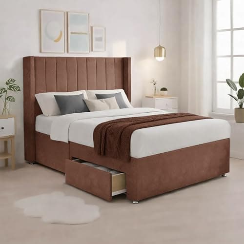 Image of 5FT Mink Plush Upholstered King Size Bed Frame with Mattress | Premium 54” Tall Wingback Headboard | Solid Support Base with 2 Storage Drawers (Foot-End Sides) | Luxury Bed For You