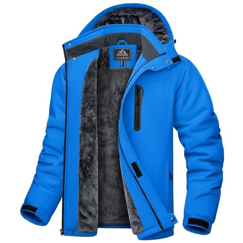 Image of KEFITEVD Mens Ski Jacket Waterproof Warm Winter Windproof Coat with Hood Outdoor Walking Fleece Jacket Color Blue L