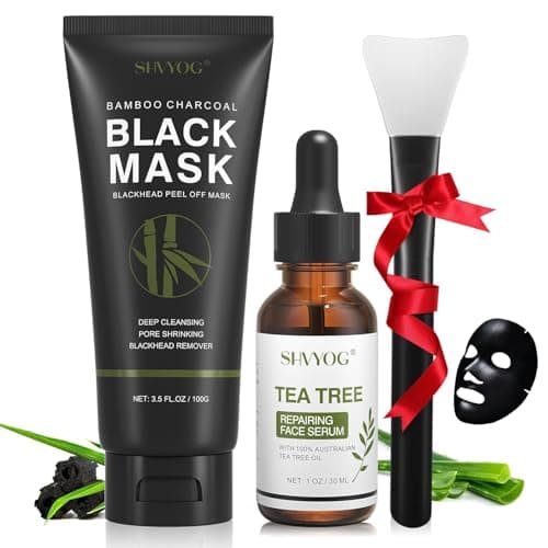 Image of Blackhead Peel Off Face Mask, SHVYOG 3-in-1 Blackhead Remover Charcoal Mask with Brush & Tea Tree Serum, Purifying Deep Cleansing Black Mask for Blackheads, Dirt, Acne, Pores Shrinking (100g+30ml)
