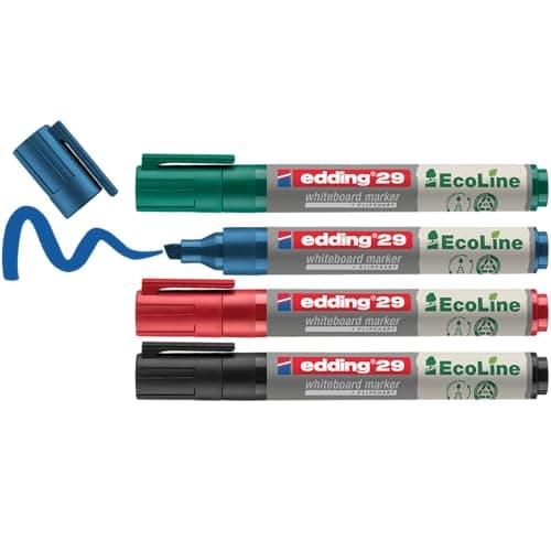 Image of edding 29 EcoLine whiteboard marker - black, red, blue, green - set of 4 whiteboard pens - chisel nib 1-5 mm - whiteboard pen dry wipe - for whiteboards, flipcharts, memo boards - sketchnotes