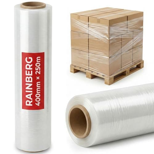 Image of Rainberg Strong Heavy-Duty Stretch Film for Pallet Wrapping, Packaging, and Moving for Furniture, Luggage, and Parcels, Water & Moisture Proof Pallet Stretch Shrink Wrap rolls 400mm x 250m (Clear, 1)