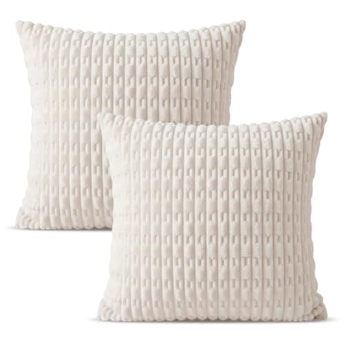 Image of Vervora Cushion Covers Set of 2 Cream Soft Plush Velvet Pillow Cases 45x45cm, Textured Corn Striped Square Scatter Cushions for Sofa Living Room Bedroom, Scandi Home Decor - Invisible Zipper (Cream)