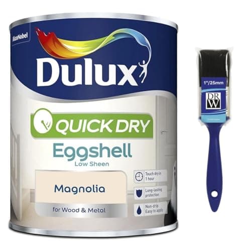 Image of DRW Magnolia Quick Drying Eggshell Paint 750ml +1" Paint Brush | Interior Wood and Metal Paint | Durable Low Sheen Finish | Fast Drying Trim Paint for Doors Skirting Boards and Furniture