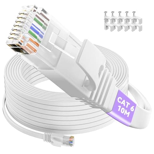Image of Ethernet Cable 10m, Cat 6 Flat Internet Cable 10m Long High Speed RJ45 Network Cable 10/100/1000Mbps 250MHz, White Gigabit Patch Cord 10 meter LAN Cable Broadband for Router Switch Modem (10 Clips)