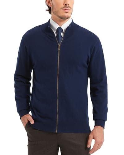 Image of Kallspin Men’s Cotton Zip Cardigan Sweater Full Zip Knit Jacket Long Sleeve Casual Jumper Knitwear(Navy Blue,M)