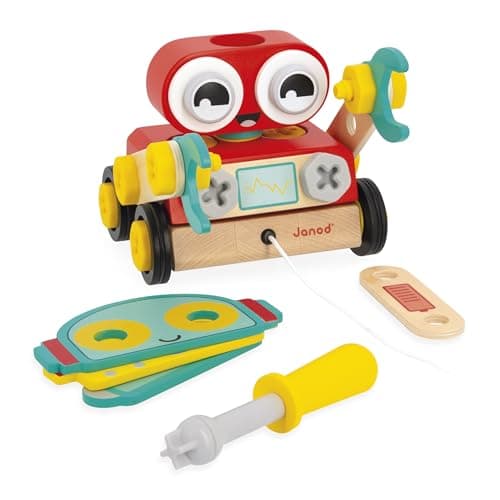 Image of Janod - My First Construction Set - Wooden Robot to Build - 42 Pieces + 4 Model Cards - Stimulates Imagination and Motor Skills - From 2 years old