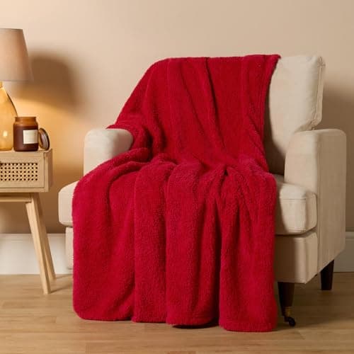 Image of Brentfords Throw for Sofa Teddy Fleece Wine Red Throw, Warm Blanket for Winter Ultra Sofa Cosy Thick Blanket Couch Cover Bed Throw Blanket King - Red, 240 x 200cm