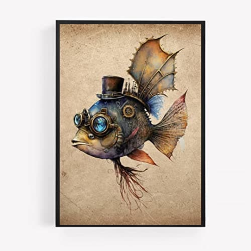 Image of Steam punk steampunk gold fish Print Picture Poster hipster dapper vinatge style A4 UNFRAMED wall art Home decor Decorating gift