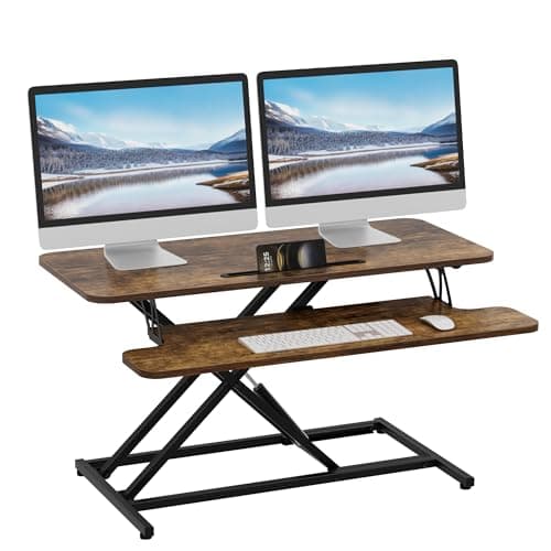 Image of ERGOMAKER Standing Desk Converter, 36"/91cm Wide Height Adjustable Quick Sit to Stand Up Desk Riser with Keyboard Tray Desktop Workstation Riser for Home Office, Rustic Brown