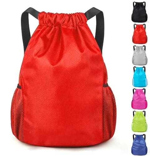 Image of KANGSIT Drawstring Bag, Swim PE Bags Drawstring Gym Bag for Kids Adults, Waterproof Swimming Sports Bag for School Sports Swimming Gym Travel Unisex (Red)