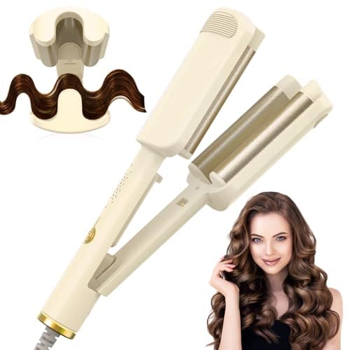 Image of AISEELY 32MM Ceramic Curling Wand - 3 Barrel Beach Wave Hair Curler with Adjustable Temp (160°C-220°C), Anti-Scald Design & Travel Lock | Frizz-Free Waves for All Hair Types | White