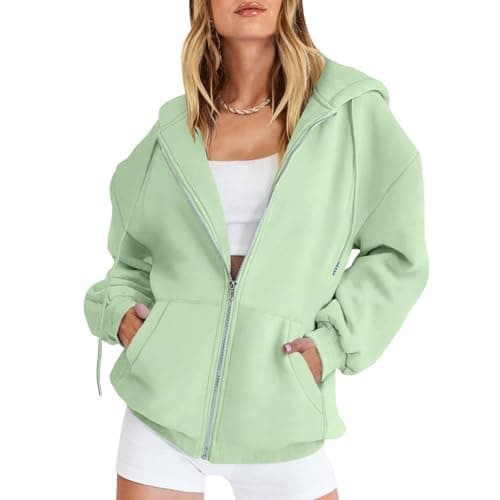 Image of Womens Zip Up Hoodie Oversized For Women Uk Lightweight Hoodies Sweatshirt Travel Clothes Longline Sweatshirts Casual Loose Long Sleeve With Pockets (1-A-Light Green, XXL)