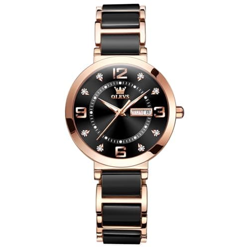 Image of OLEVS Women's Watch Quartz Diamond Dial 30M Waterproof Elegant Black Ceramic Bracelet Watch Luminous Hands for Daily Wear Office Lady