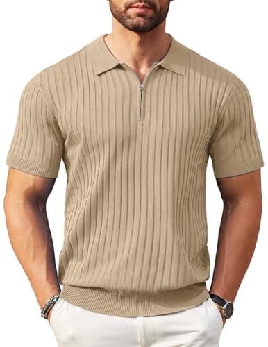 Image of COOFANDY Mens Polo Shirts Short Sleeve Zipper Golf Polo Shirt Summer Knitted Slim Fit Stretch Stripe Polo T-Shirts Khaki S