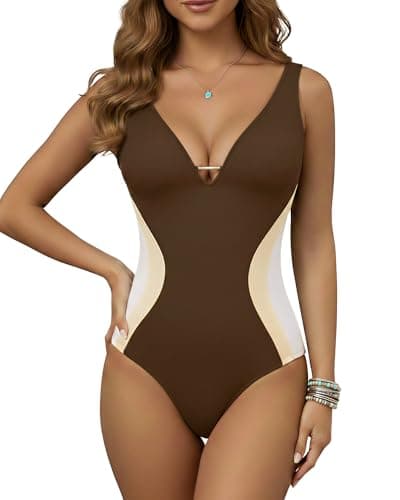 Image of ALGALAROUND Swimsuit for Women One Piece Swimsuits with Tummy Control Push Up Pleated Deep V-Neck Ladies Swim Suit High Waisted Tie Back Sexy Summer Swimming Costume Swimwear Brown M