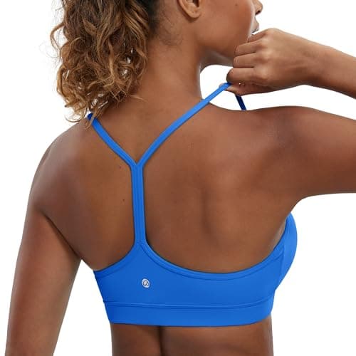 Image of CRZ YOGA Women's Butterluxe Padded Sports Bra - Low Impact Y Back Strappy Bra Racerback Spaghetti Straps Gym Yoga Bras Sparkle Blue S