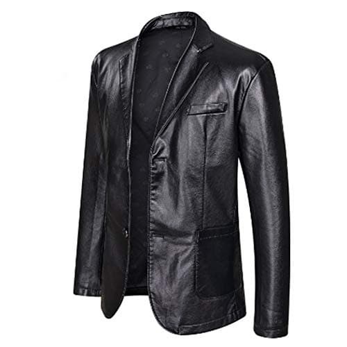 Image of Men's Leather Jacket Spring and Autumn Winter Blazer lapel PU Faux Leather Suit Coats Motorcycle Jacket Button Smart Casual Biker Style Jacket,Black,S