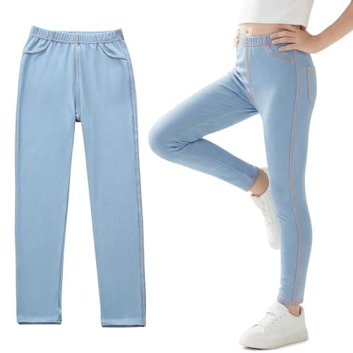 Image of Tokeya Girls Jeggings Jeans Look Leggings Kids Full Length Tights Trousers Denim Skinny Fit Stretchy Leggings Pants with Pockets for Outdoor Casual Wear for Children 12-13 Years, Light Blue