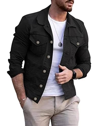 Image of CHARTOU Men's Denim Jacket Casual Regular Fit Button Down Long Sleeve Jean Trucker Jacket, Black, XXL