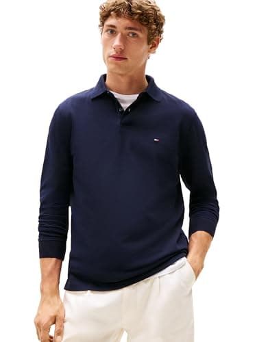 Image of Tommy Hilfiger Men's Long Sleeve Polo Shirts in Regular Fit with Stretch and Organic Pique Cotton, Desert Sky, Large