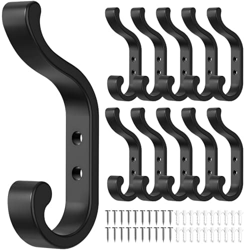 Image of Josmimic 10 Pack Large Coat Hooks Wall Mounted, Heavy Duty Black Metal Double Hooks, Individual Screw-in Wall Hooks for Coats, Hats, Towels and Bags, Strong Coat Hooks up to 13.5 kg
