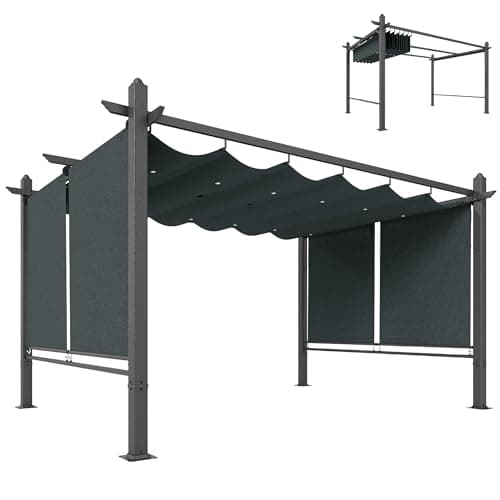 Image of Outsunny 4 x 3 m Garden Pergola with Retractable Roof Canopy and Roll-Up Sides, Aluminium Frame Outdoor Gazebo Pergola Kit with Drainage Holes, UPF50+ Sun Shade Shelter, Dark Grey