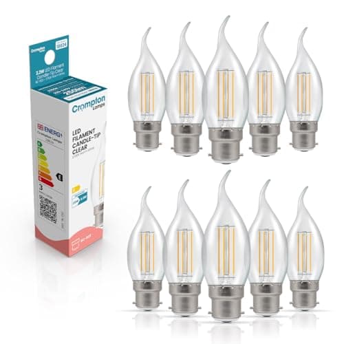 Image of Crompton Lamps Bent-Tip Candle LED Light Bulb BC-B22d | 2.2W = 25W Equivalent | Warm White 2700K | Flame Tip | Bayonet Lightbulb | Long Life 15,000-Hrs | Clear Glass | 10-Pack