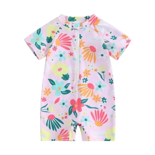 Image of Geagodelia Toddler Baby Girl Swimming Costume Short Sleeve Zip Up Floral Swimsuit Sun Protection Swim Wetsuit Rash Guard Swimwear One Piece Bathing Suits Summer Beachwear (Floral Pink, 2-3 Years)