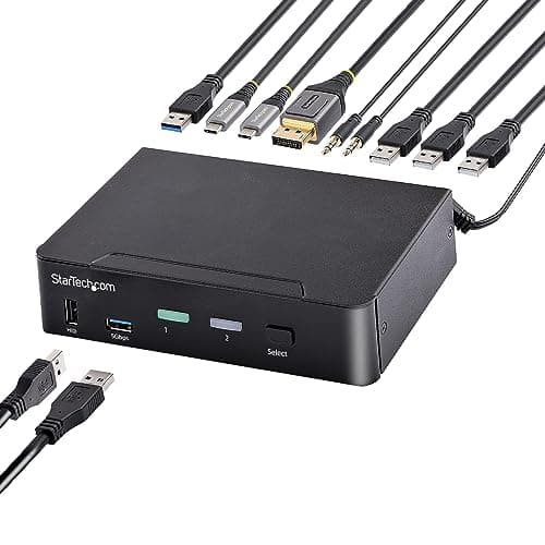 Image of StarTech.com USB C KVM Switch, 2 Port DisplayPort KVM w/ 4K 60Hz UHD HDR Video, 3.5mm Audio, 4x USB HID and 2x USB A 3.2 Gen 1 5Gbps Hub, Hot Key Switching, Thunderbolt 3/4 Compatible (SV231DPUCA)