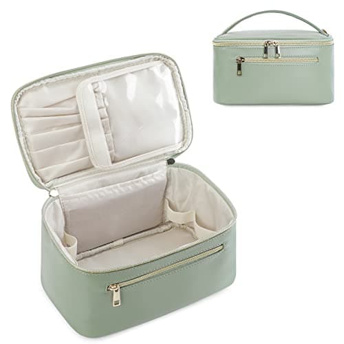 Image of Travel Makeup Bag with Brush Compartment, Large Cosmetic Bags, PU Leather Makeup Case with Handle, Water-Resistant for Women, Green (Patent Pending)