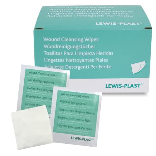 Image of Lewis-Plast Premium Saline Sterile First Aid Alcohol Free Wipes - Box of 100 Antiseptic Antibacterial Medical Grade Cleaning Wipe for Wound, Cleansing Area Before Injection and Piercing, Green