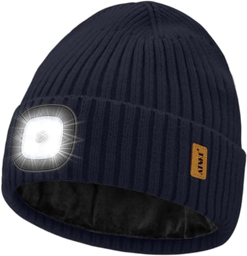 Image of ATNKE LED Lighted Beanie Hat,USB Rechargeable 4 LED Ultra Bright Running Headlamp Hands Free Head Torch Cap with Light Winter Warm Fleece Lined Knit Beany Gifts for Men and Women/Navy Blue